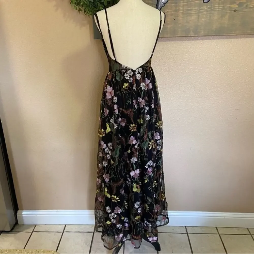 NWOT Lulus Radiant Fantasy Black Floral Embroidered Tulle Maxi Dress
